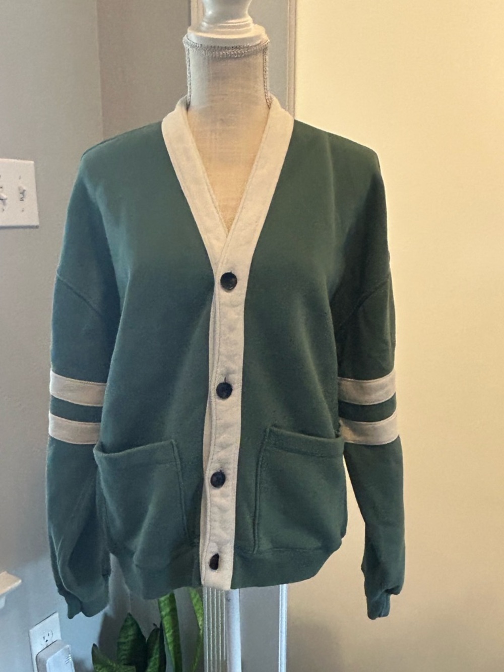 Abercrombie & Fitch Oversized Sage Green Button-Up Cardigan Jacket w/ White Trim